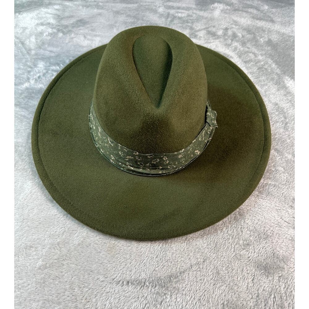 Olive Green Boho Wide Brim Hat Structured Crown Floral Band Western - Picture 3 of 6